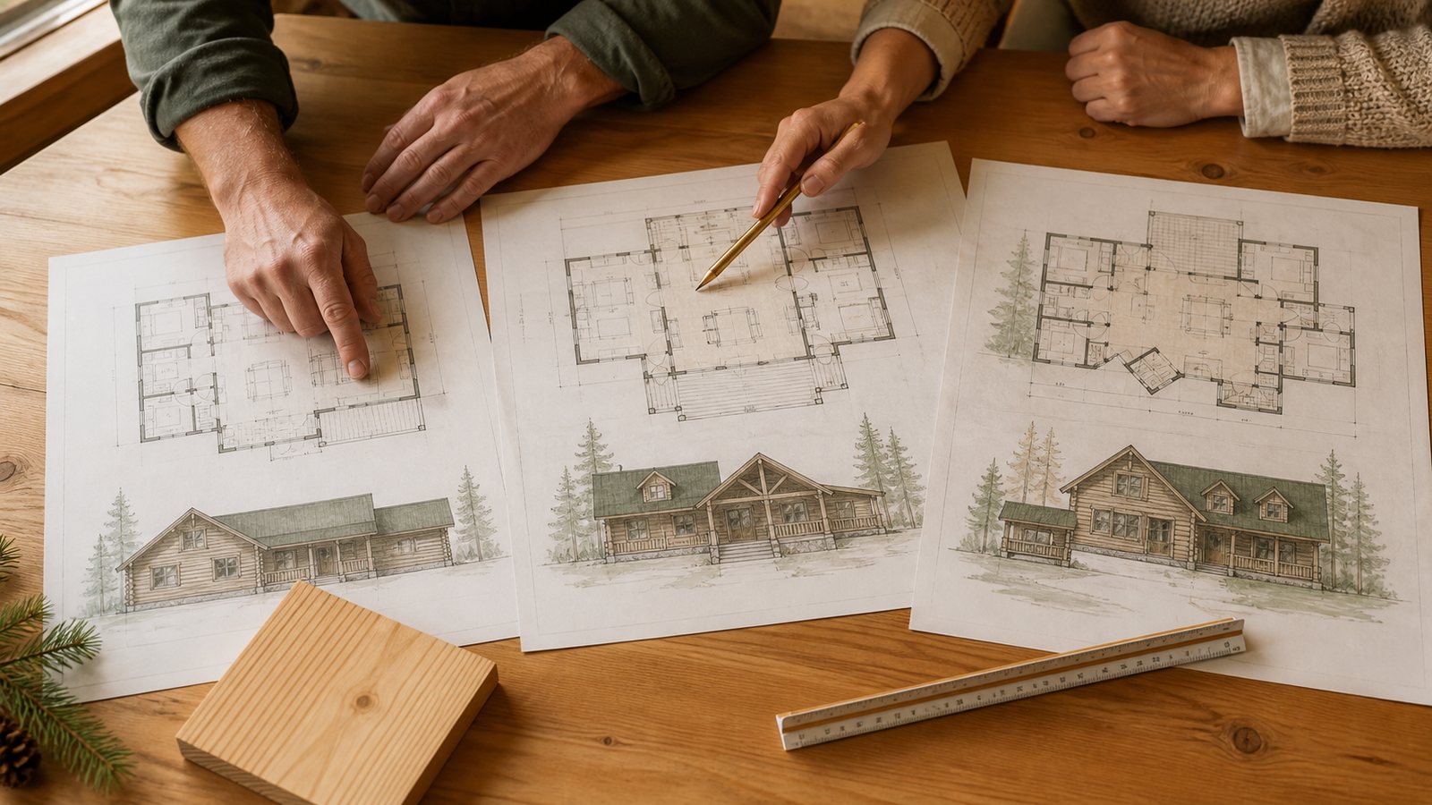 Overhead view of two people comparing three log home floor plan drawings spread across a wood table with a scale ruler and pine sample