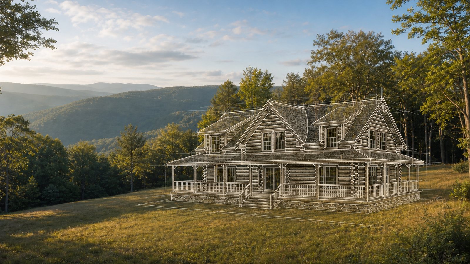 A Pennsylvania mountainside clearing at golden hour with an architectural line sketch of a log home overlaid on the building site