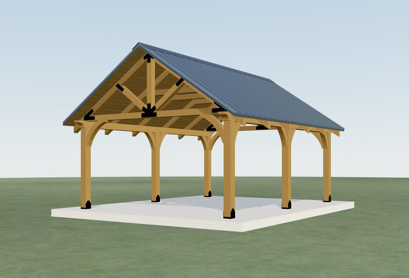 3D rendering of a custom timber-frame pavilion with metal roof