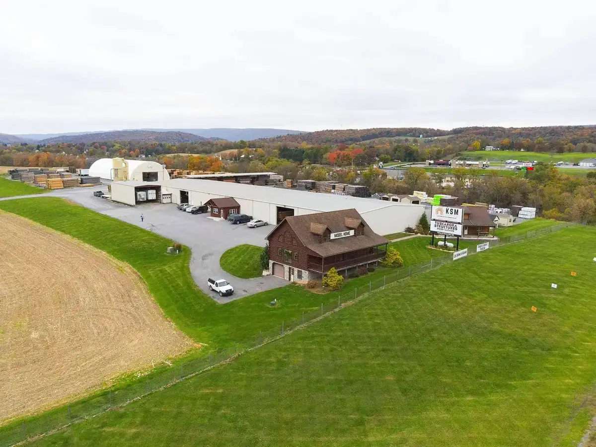 Aerial drone view of KSM Log Homes and Timber Packages campus and production facility in Mifflintown, PA